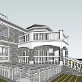 Single Family House Exterior With Stone Walls Balcony White Railing And Stairs