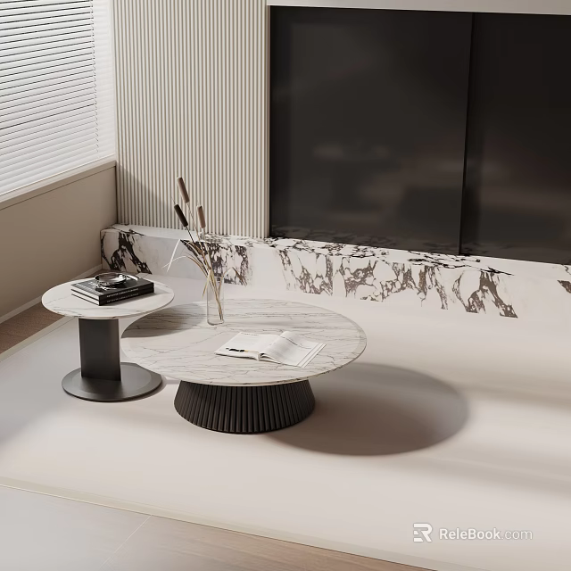 Modern Sofa and Coffee Table Set with Round Marble Top and TV Backdrop Design 3d model 