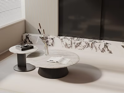 Modern Sofa and Coffee Table Set with Round Marble Top and TV Backdrop Design 3d model
