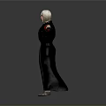 White Haired Woman in Black Long Coat Red Top and Blue Jeans with Arms Outstretched