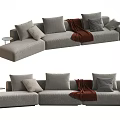 Modern Gray Sectional Sofa With Soft Fabric Multiple Pillows And Cozy Brown Blanket 3d model