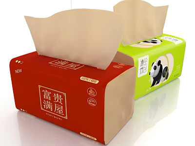 Tissue Boxes With Red And Green Packaging Featuring Panda Design And Chinese Characters 3d model