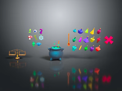 Gray Background With Blue Cauldron Green Liquid Balance Scale Gems And Colorful Icons With Reflections 3d model