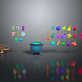 Gray Background With Blue Cauldron Green Liquid Balance Scale Gems And Colorful Icons With Reflections