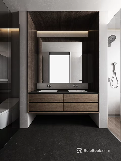 Modern Bathroom Interior Design With Double Sinks Wooden Vanity Large Mirror And Shower Fixture 3d model 