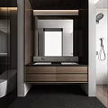 Modern Bathroom Interior Design With Double Sinks Wooden Vanity Large Mirror And Shower Fixture
