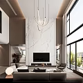 Modern Loft Living Room With Marble Wall And Large Windows