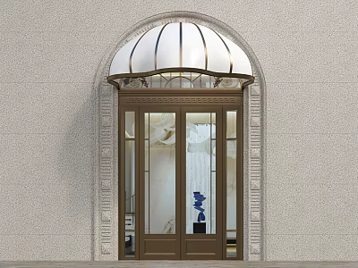 White Striped Arched Awning With Golden Trim Over Stone Building Double Glass Entry Door 3d model