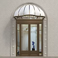 White Striped Arched Awning With Golden Trim Over Stone Building Double Glass Entry Door