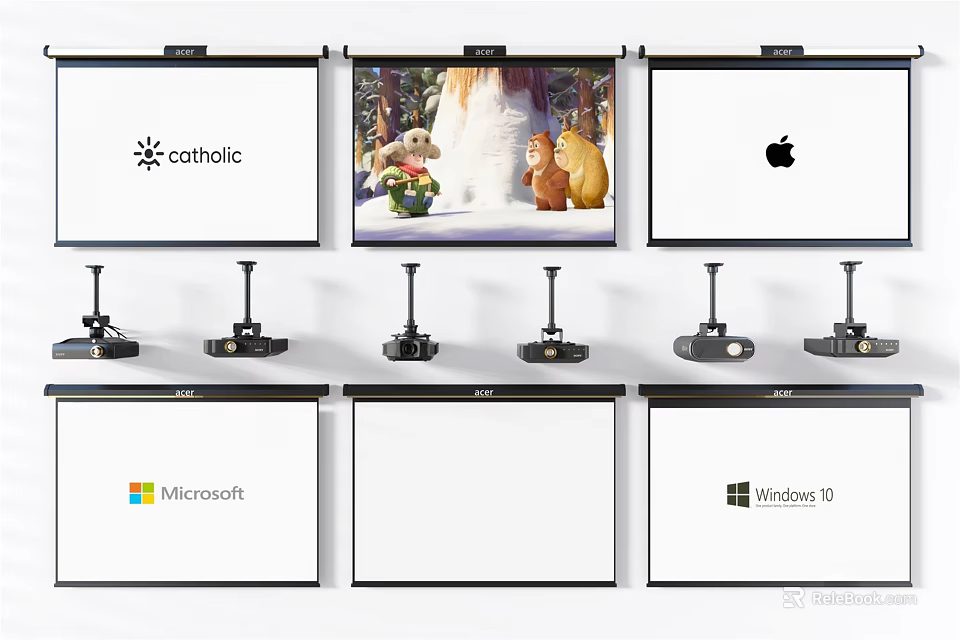 Professional Projection Monitoring System With Multiple Projectors And Screens Displaying Brand Logos 3d model 