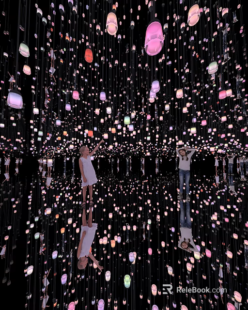 Immersive Exhibition Hall With Hanging Colorful Lights And Mirror Reflections For Visitors 3d model 
