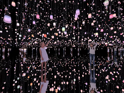 Immersive Exhibition Hall With Hanging Colorful Lights And Mirror Reflections For Visitors 3d model
