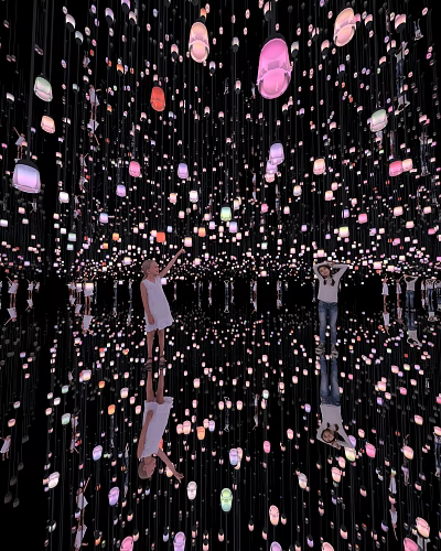 Immersive Exhibition Hall With Hanging Colorful Lights And Mirror Reflections For Visitors 3d model