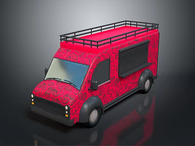 Red Patterned Food Truck With Roof Rack And Side Window Design 3d model