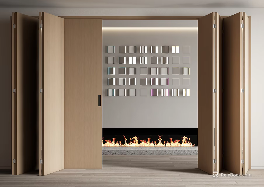 Open Folding Doors In Modern Interior With Mirrored Wall Fireplace And Wooden Floor 3d model 
