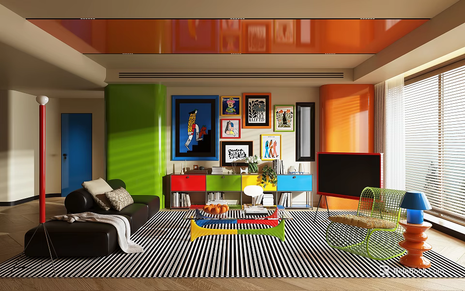 Vibrant Pop Art Style Living Room With Colorful Furniture And Attractive Gallery Wall Art 3d model 