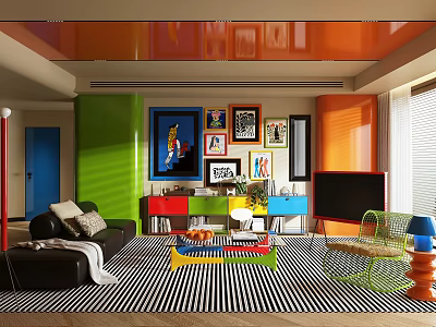 Vibrant Pop Art Style Living Room With Colorful Furniture And Attractive Gallery Wall Art 3d model
