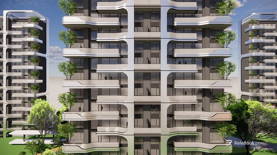 Modern Residential Building Exterior Design With Balconies Greenery Glass And Metal Structure 3d model 