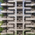 Modern Residential Building Exterior Design With Balconies Greenery Glass And Metal Structure
