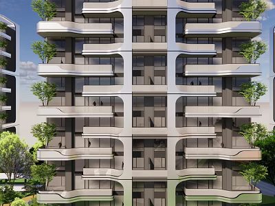 Modern Residential Building Exterior Design With Balconies Greenery Glass And Metal Structure 3d model