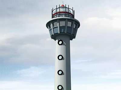 Lighthouse Tower With Circular Windows And Red Top Against Cloudy Sky 3d model