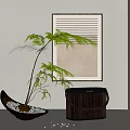 Modern Decorative Ornament Set With Fern Plant Black Ribbed Container Wall Art And Curved Vessel