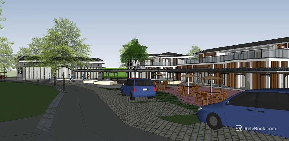 Modern Residential Community With Trees Lawn Brick Paved Road Blue Cars And Outdoor Seating 3d model 