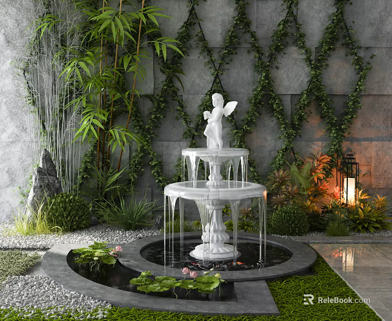 Decorative Garden Ornament With White Angel Statue Fountain Green Plants And Water Lilies 3d model 