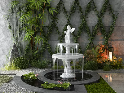 Decorative Garden Ornament With White Angel Statue Fountain Green Plants And Water Lilies 3d model
