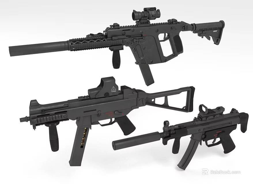 Black Tactical Firearms Collection Featuring Three Different Models And Scope Attachments 3d model 