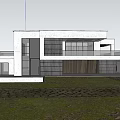 Modern Detached Villa Exterior Design With Concrete Facade Glass Windows And Green Lawn