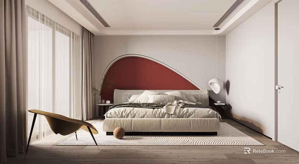 Modern Bedroom Interior With Red Accent Wall Large Bed And Floor To Ceiling Windows 3d model 