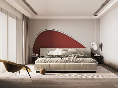 Modern Bedroom Interior With Red Accent Wall Large Bed And Floor To Ceiling Windows 3d model