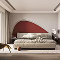 Modern Bedroom Interior With Red Accent Wall Large Bed And Floor To Ceiling Windows
