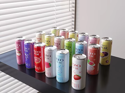 Colorful Assorted Canned BIO Beverages with Various Flavors on Table in Natural Light 3d model