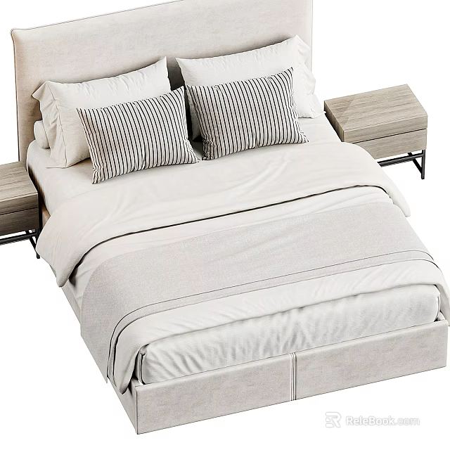 Double Bed With Upholstered Frame White Bedding Striped Pillows And Nightstands 3d model 