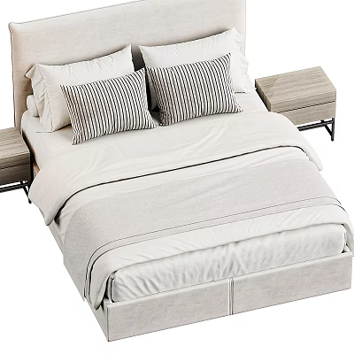 Double Bed With Upholstered Frame White Bedding Striped Pillows And Nightstands 3d model