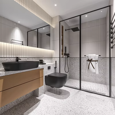 Modern Bathroom Interior With Black Sink Wall Mounted Toilet Glass Shower And Wooden Cabinets 3d model