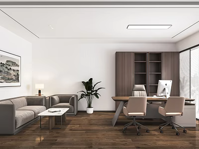 Modern Office Interior Design With Sofa Coffee Table Desk Chairs Bookshelf Plant And Window Blinds 3d model