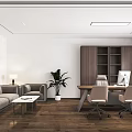Modern Office Interior Design With Sofa Coffee Table Desk Chairs Bookshelf Plant And Window Blinds
