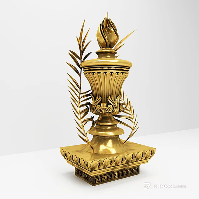 Golden Candle Lamp with Intricate Leaf Decorations and Carved Patterns on Elegant Base 3d model 