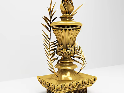 Golden Candle Lamp with Intricate Leaf Decorations and Carved Patterns on Elegant Base 3d model