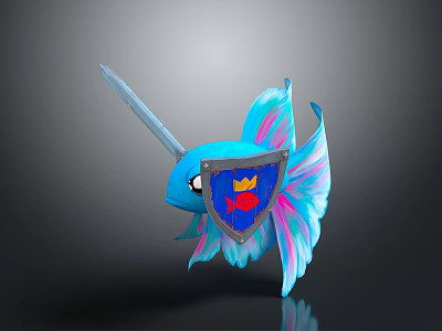 Blue Fish Shaped Creature With Unicorn Horn Blue Pink Wings And Shield With Red Fish 3d model