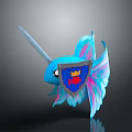 Blue Fish Shaped Creature With Unicorn Horn Blue Pink Wings And Shield With Red Fish