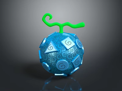 Shiny Blue Decorative Sphere With Spiral Patterns And Green Curved Stem On Dark Surface 3d model