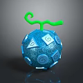 Shiny Blue Decorative Sphere With Spiral Patterns And Green Curved Stem On Dark Surface
