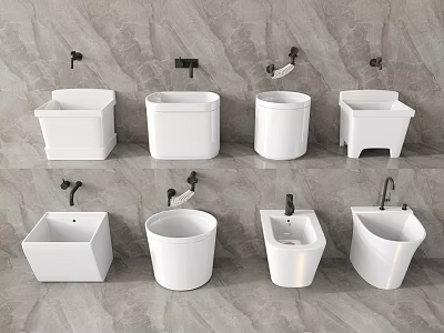 Different Shaped White Washbasins Mounted On Gray Stone Wall With Faucets 3d model