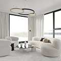 Modern White Plush Sofa and Coffee Table Set With Floor to Ceiling Windows Curtains and Round Rug