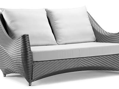 Modern Two Seater Sofa With Woven Rattan Frame And Plush White Cushions 3d model