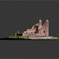 Cartoon Scenic Red Brick Castle Ruins With Towers On Green Grass Aerial View